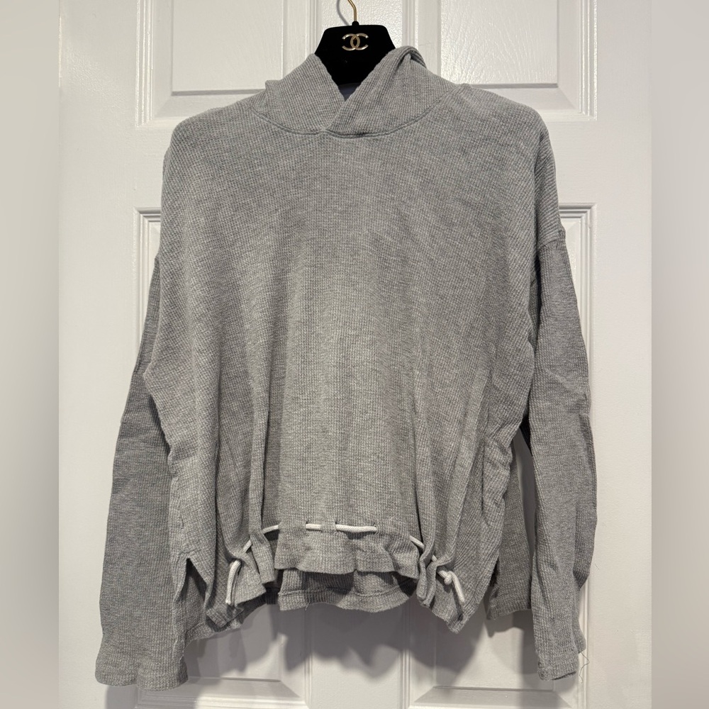 Skin gray waffle knit texture hooded pullover top drawstring detail cotton